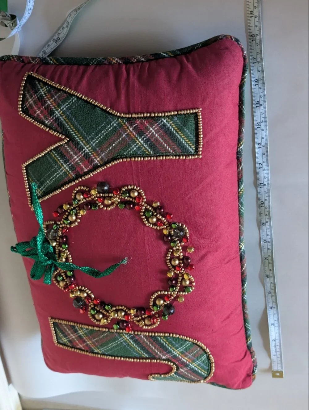 Vintage Pier 1 Beaded and Jingle Bells Plaid JOY Christmas Pillow Holiday Bow